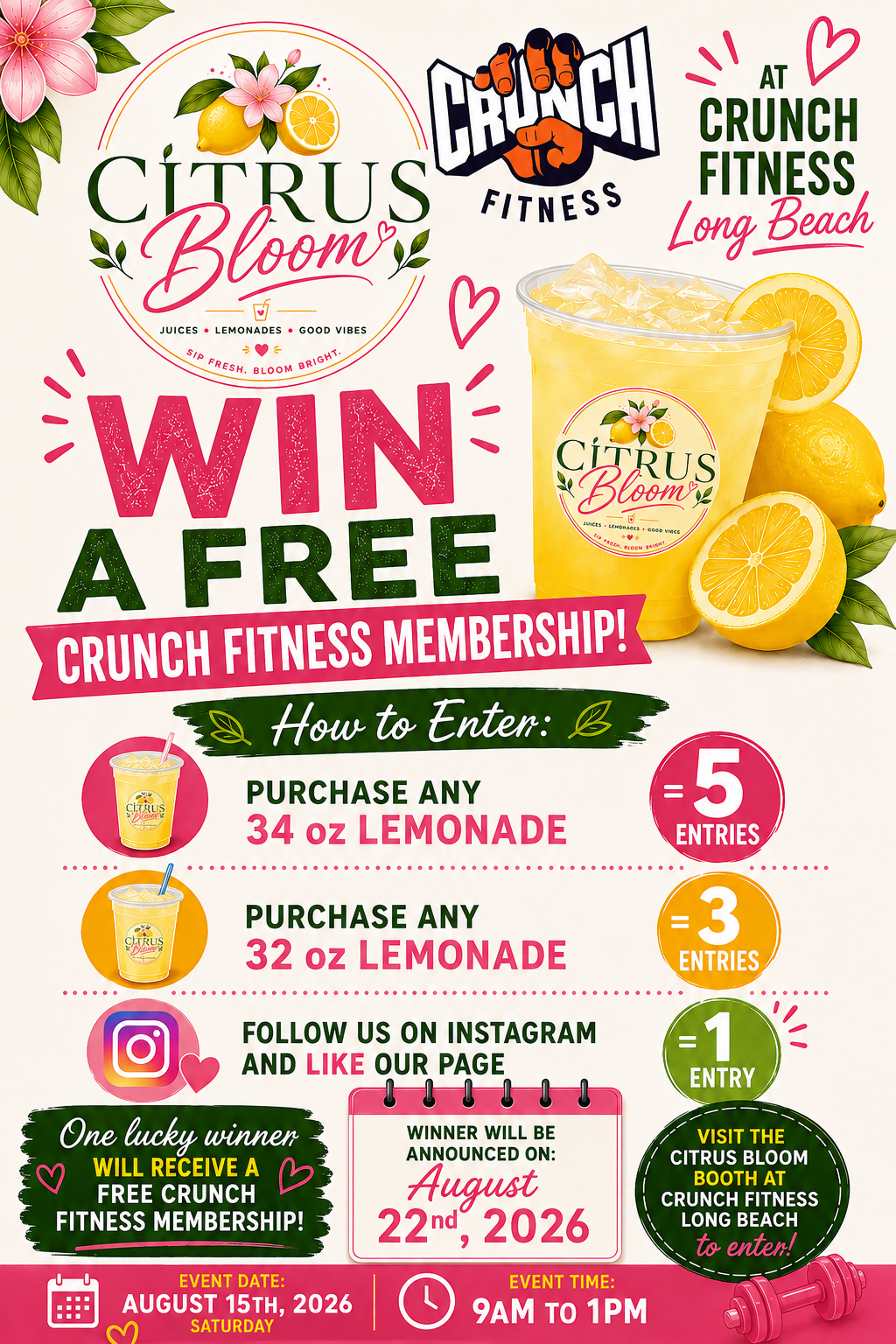 Citrus Bloom x Crunch Fitness Long Beach flyer — win a free Crunch Fitness membership, August 15th 2026, 9am to 1pm