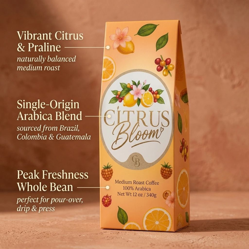 Citrus Bloom Coffee features — vibrant citrus & praline, single-origin, peak freshness