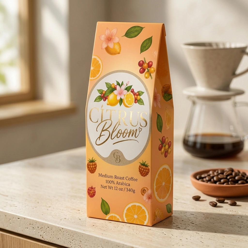 Citrus Bloom Coffee bag on a kitchen counter with pour-over