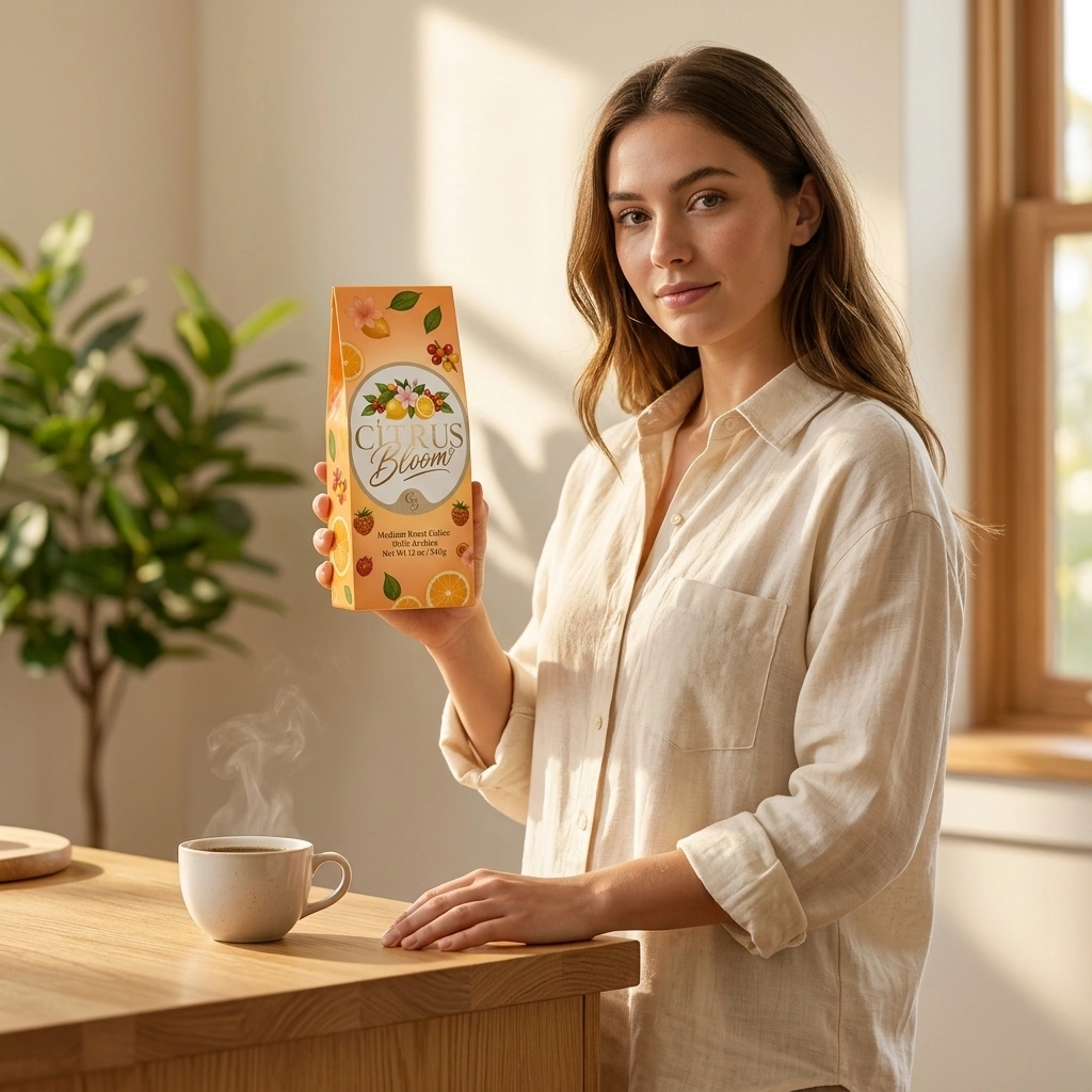 Customer holding a bag of Citrus Bloom Coffee