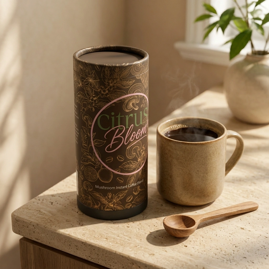 Mushroom coffee canister with a brewed mug and wooden scoop