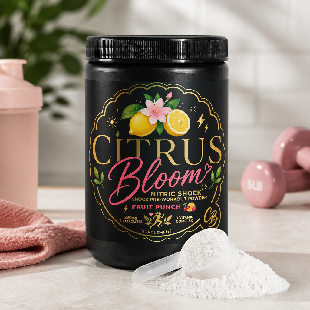 Citrus Bloom Nitric Shock pre-workout powder, fruit punch flavor