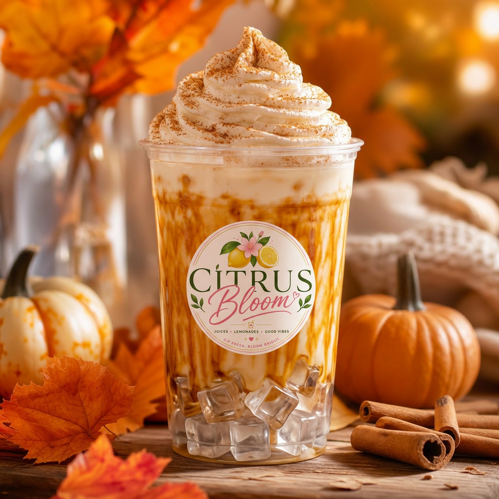 Pumpkin Brown Sugar Ice Latte topped with whipped cream in a Citrus Bloom cup surrounded by fall leaves and pumpkins